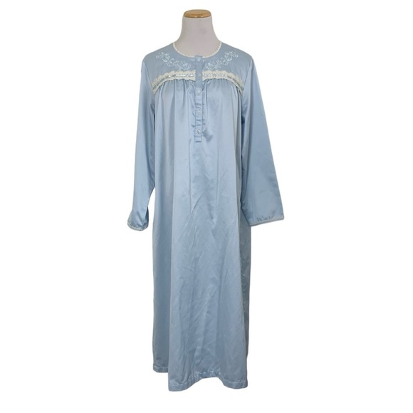 Charter Club Long Lawn Satin Nightgown Blue Modest Lace Ribbon Womens M Sleeve - Picture 4 of 17